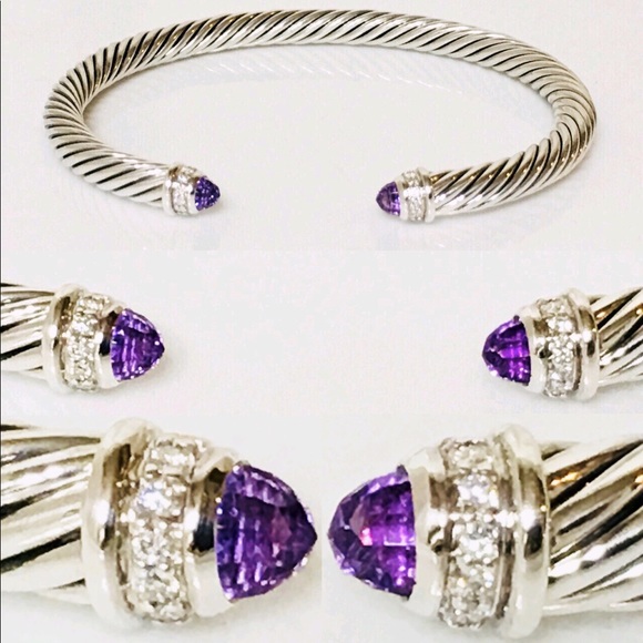 David Yurman Amethyst Diamond Cable Cuff Bracelet - Picture 5 of 8